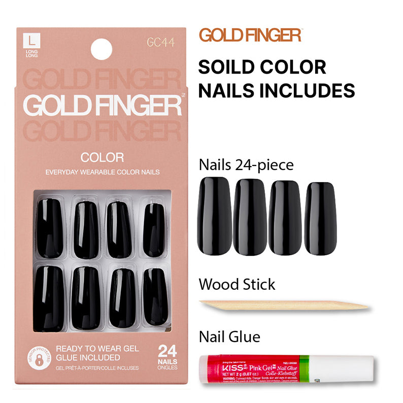 Gold Finger solid color fake nails 24 piece black glossy press on nails with glue and wood stick packaging