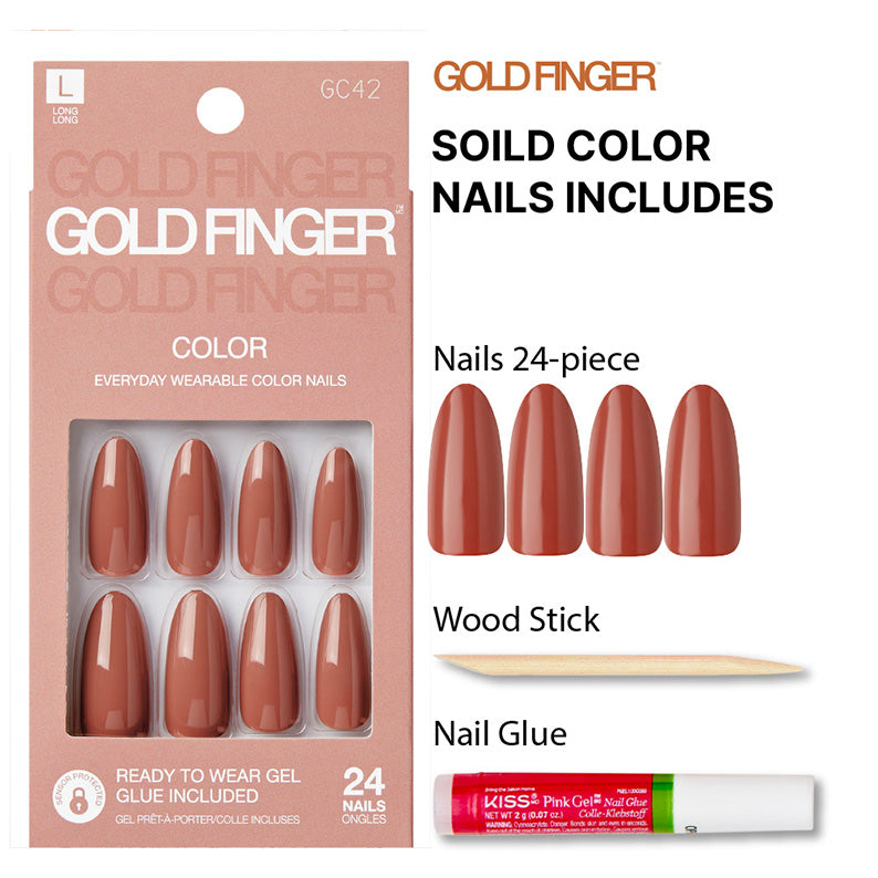 IVY BEAUTY by KISS gold finger solid color press on nails 24 piece brown nude set with glue and wood stick