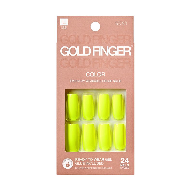 IVY BEAUTY by KISS gold finger solid color press on nails neon yellow long set 24 nails