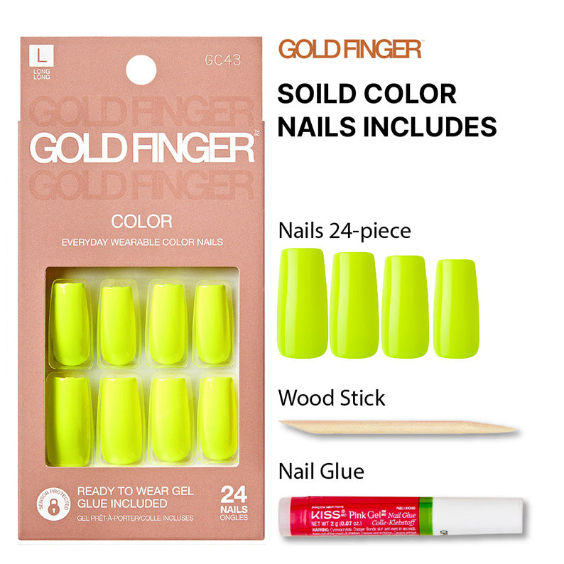 IVY BEAUTY by KISS gold finger solid color press on nails neon yellow 24 piece kit with glue and wood stick