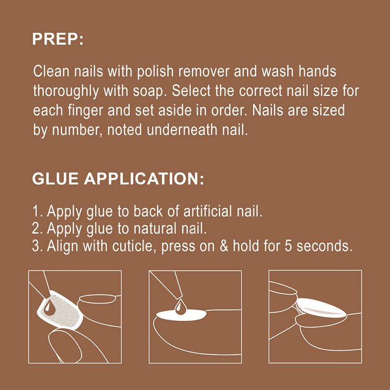 IVY BEAUTY by KISS gold finger solid color press on nails instruction card showing prep and glue application steps