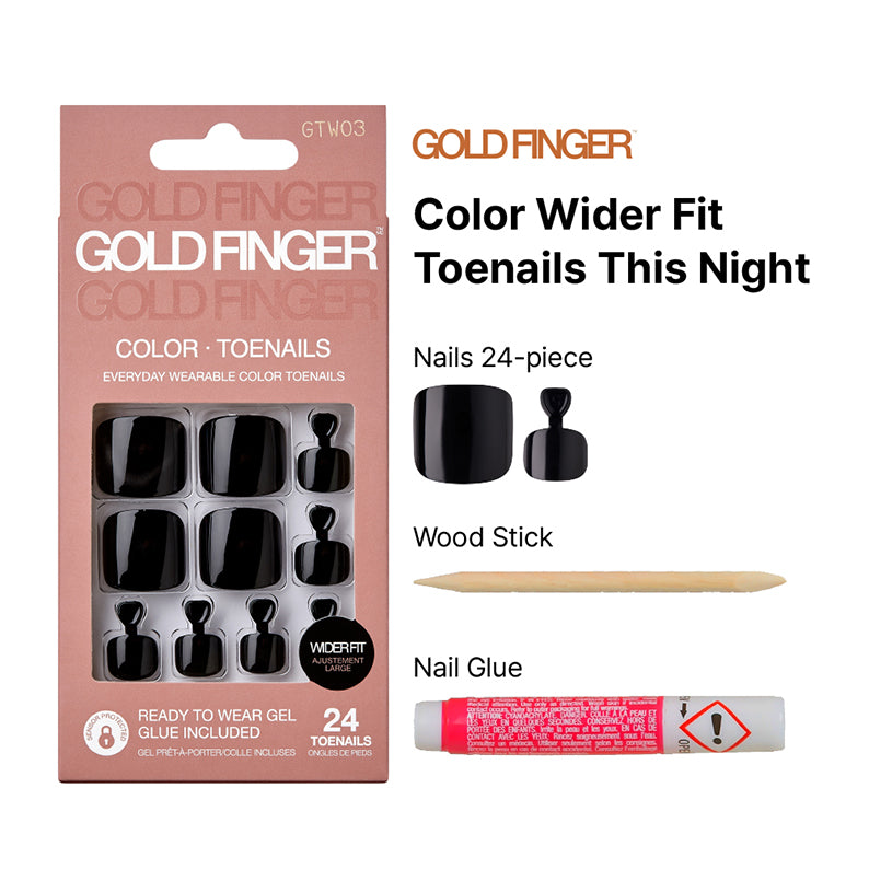IVY BEAUTY by KISS gold finger toenail set black wide fit 24 piece with wood stick and nail glue