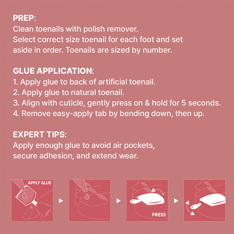 IVY BEAUTY by KISS instructional glue application guide for gold finger toenail set on pink background