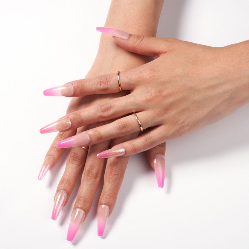 IVY BEAUTY by KISS trendy press on nails long pink ombre coffin manicure on hands with rings