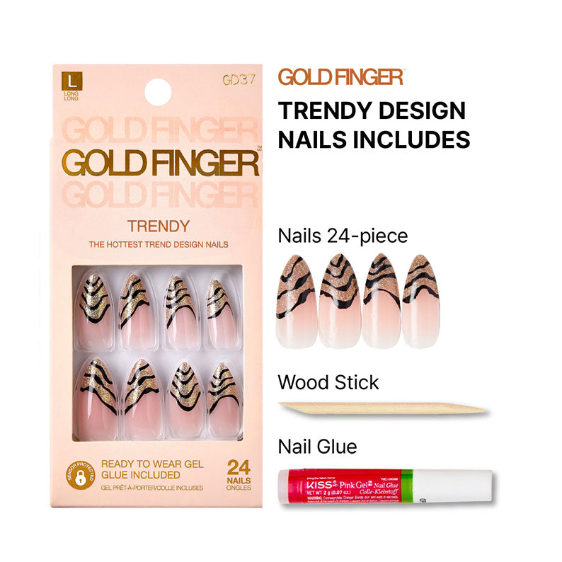 IVY BEAUTY gold finger trendy press on nails 24 piece pink nude with black and gold chevron tips and glue