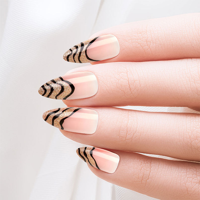 IVY BEAUTY by KISS almond nude nails with glitter zebra tips and gold finger trendy press on nails