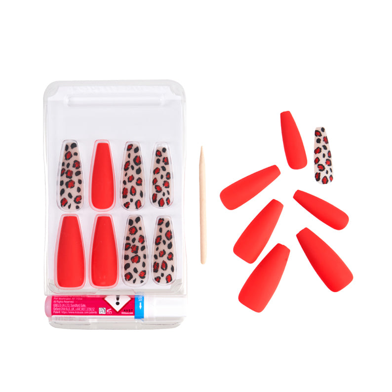 IVY BEAUTY by KISS red matte coffin nails set with leopard print press on nails includes adhesive and wooden applicator
