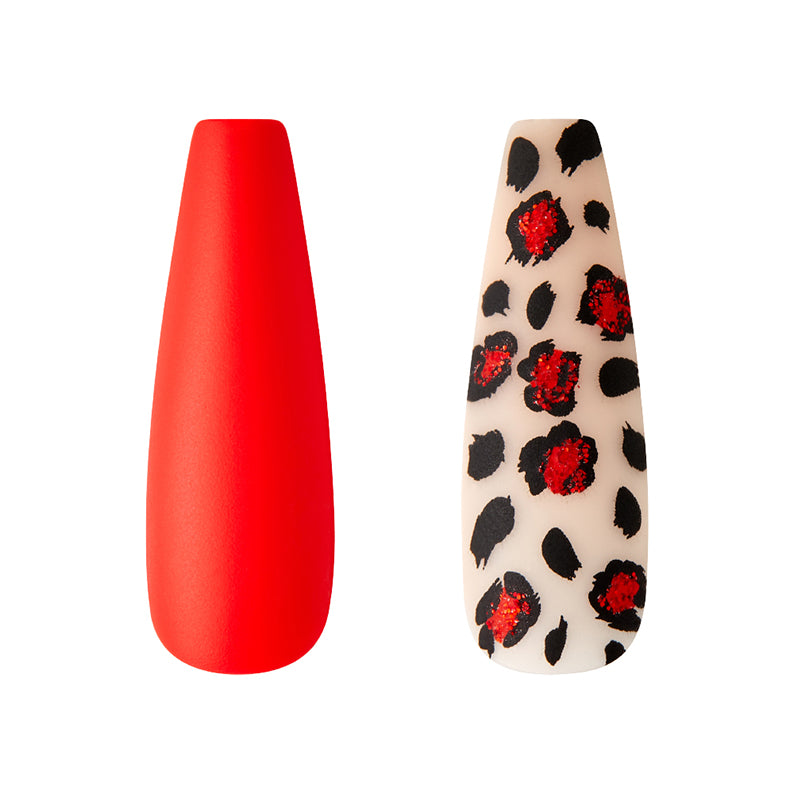 IVY BEAUTY by KISS leopard print press on nails solid matte red nail and beige nail with black spots and red glitter