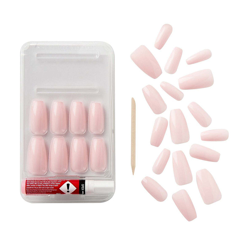 IVY BEAUTY by KISS pale pink press on nails set with adhesive glue and wooden cuticle pusher in assorted sizes