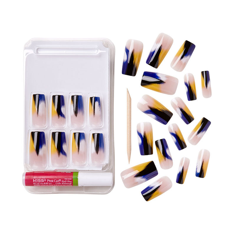 IVY BEAUTY by KISS trendy press on nails set with nude base and navy blue yellow brush stroke design glue and stick