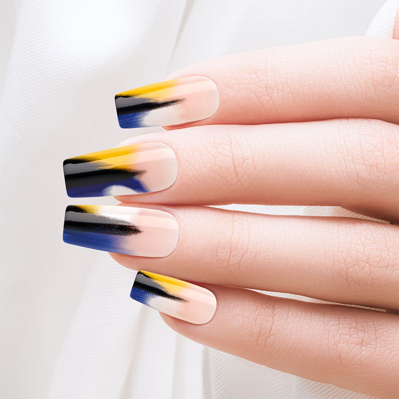 IVY BEAUTY by KISS trendy press on nails long square nude base with black blue and yellow brushstroke