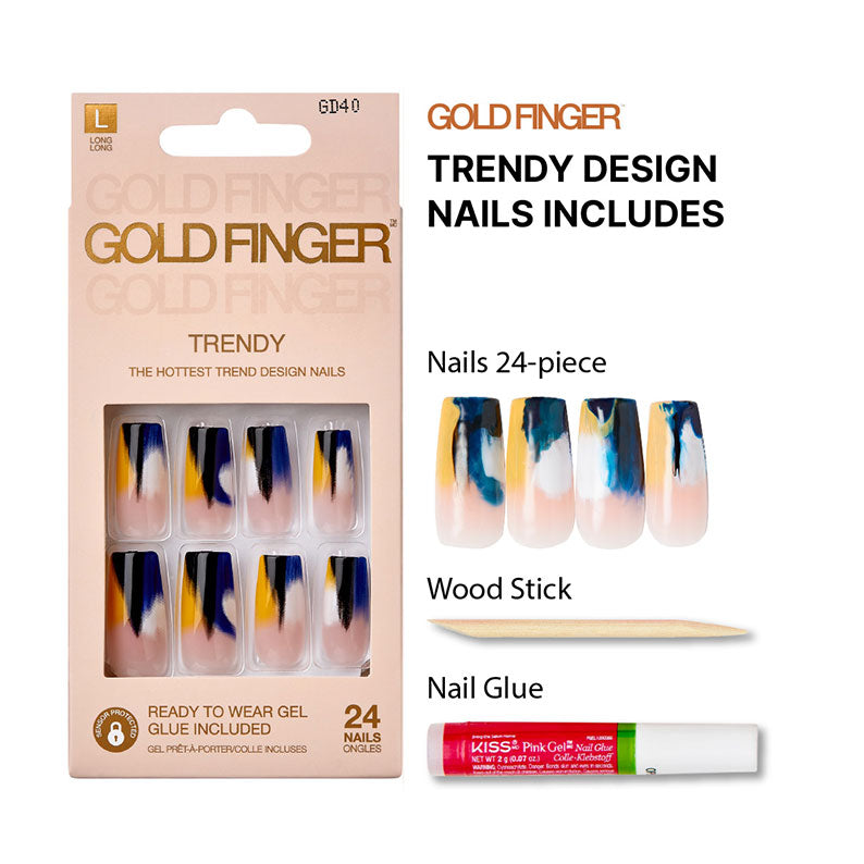 IVY BEAUTY by KISS Gold Finger trendy press on nails 24 piece blue and yellow brushstroke set with glue