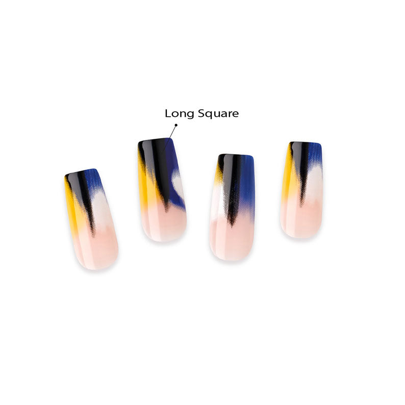 IVY BEAUTY by KISS long square trendy press on nails with nude base and abstract blue black yellow brush strokes