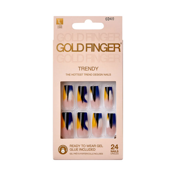 IVY BEAUTY by KISS Gold Finger long trendy press on nails set with navy yellow abstract design 24 nails
