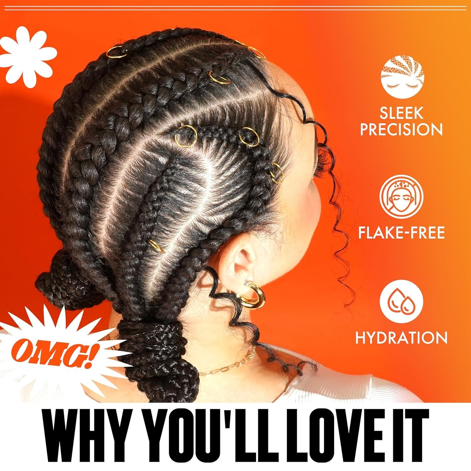 EBIN extreme hold braiding gel on sleek cornrow braids with gold rings showing flake free hydrated finish