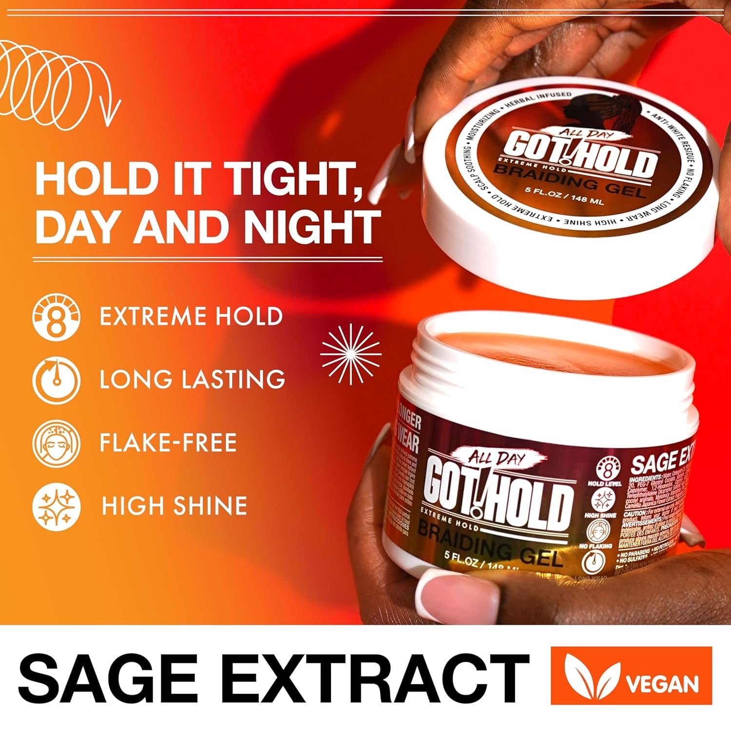 EBIN sage extract vegan extreme hold braiding gel jar held open showing orange gel and benefit icons