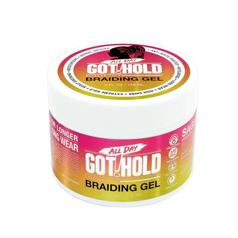 EBIN Got Hold All Day braiding gel jar 4 fl oz white tub with pink orange label extreme hold braiding gel