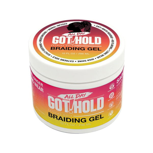 EBIN All Day Got Hold 10 fl oz jar of extreme hold braiding gel with pink to yellow gradient label