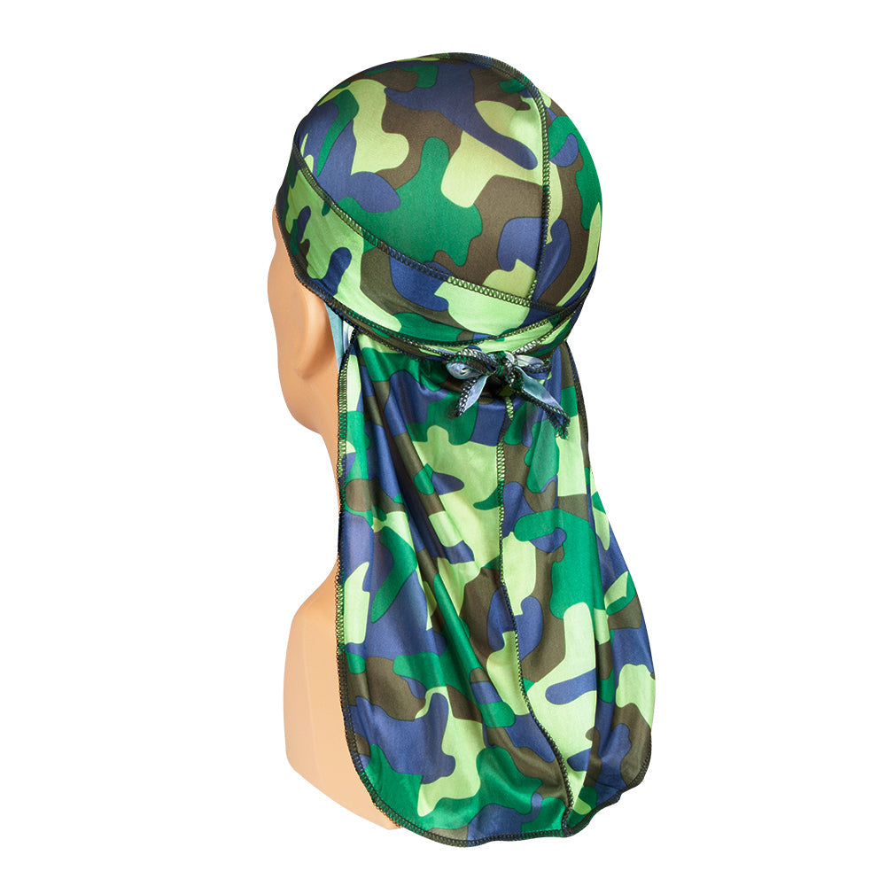 NICKA K green camo durag with long tail and adjustable tie back for secure fit