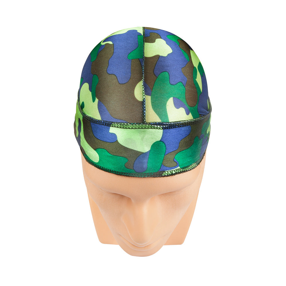 NICKA K green camo durag with blue and green camouflage pattern on a mannequin head