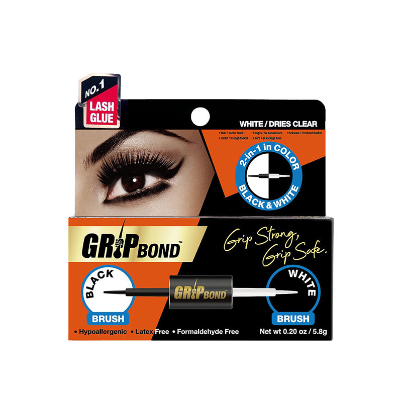 EBIN Grip Bond black and white lash glue packaging with brush applicator latex-free lash adhesive