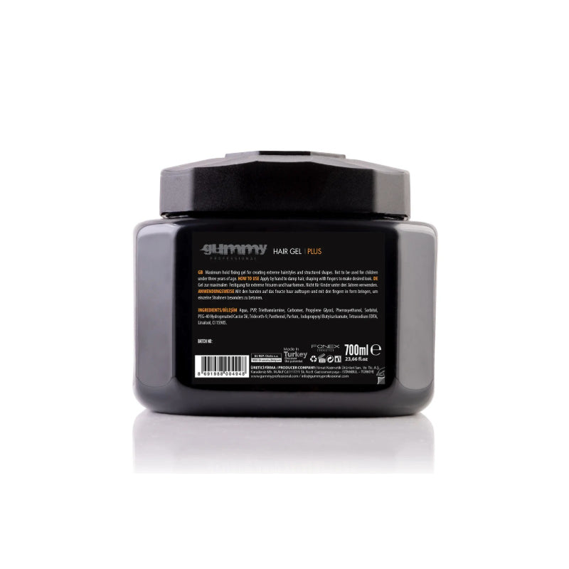 GUMMY maximum hold hair gel black 700ml jar showing back label and ingredients for professional use