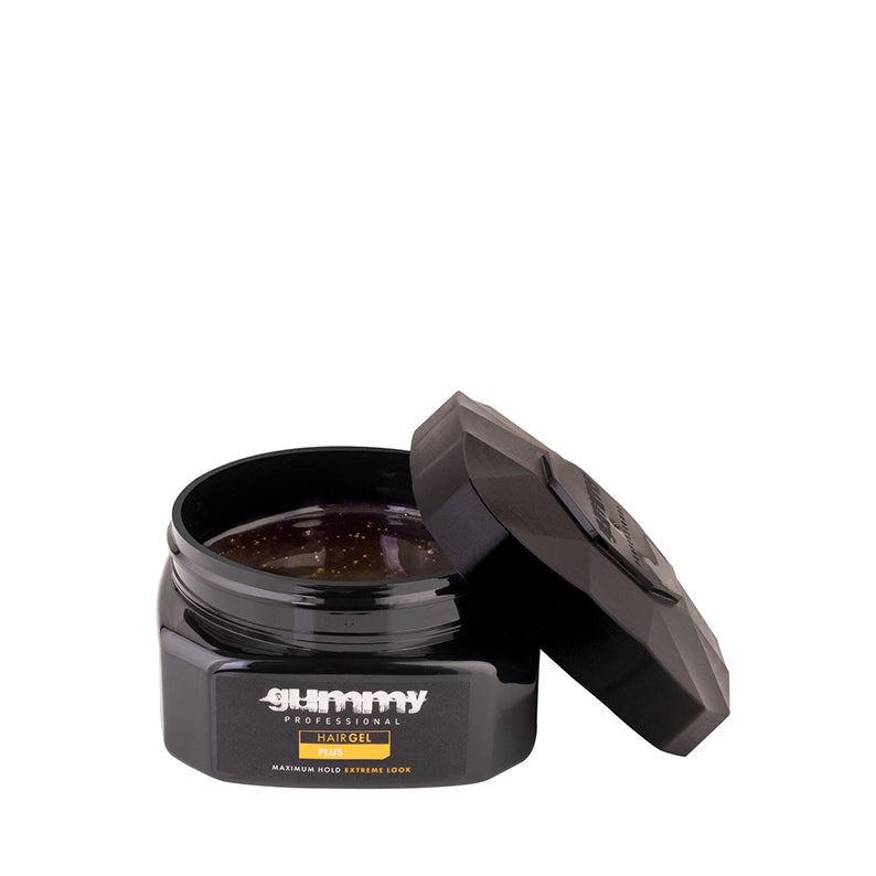GUMMY maximum hold hair gel in black open jar showing dark gel with gold flecks and detached lid