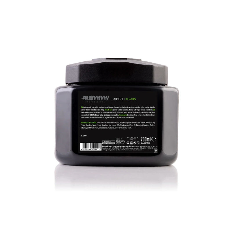 GUMMY keratin hair gel 700ml black jar shown from back with product label for styling and smoothing