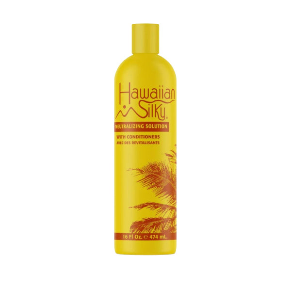 Hawaiian Silky 16 fl oz yellow bottle of neutralizing solution for wigs with conditioners and palm design