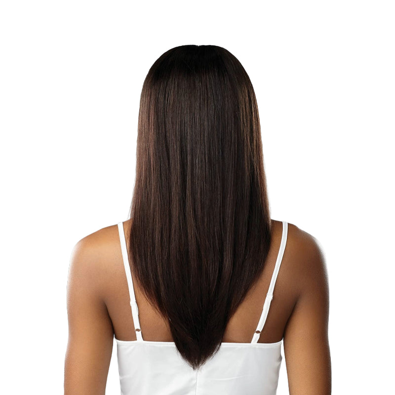 SENSATIONNEL virgin human hair straight wig long dark brown silky mid back V cut shown from back