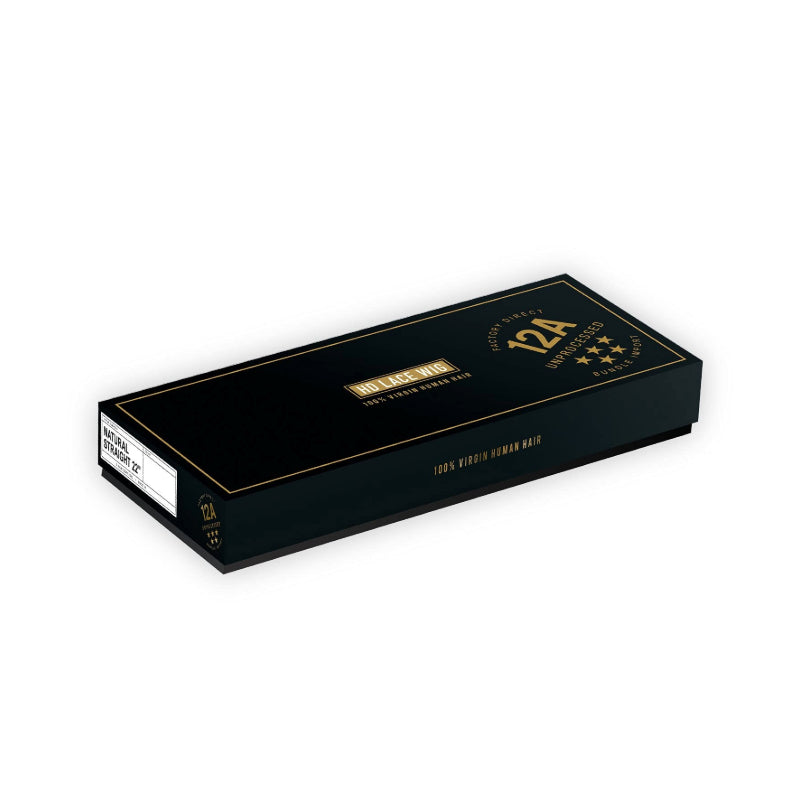 SENSATIONNEL black and gold packaging box for a virgin human hair straight wig labeled 12A