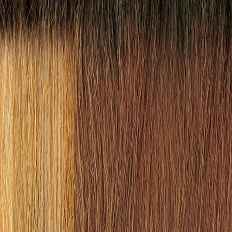 OUTRE straight ombre wig close up showing dark roots to honey blonde strands melted hairline lace front wig