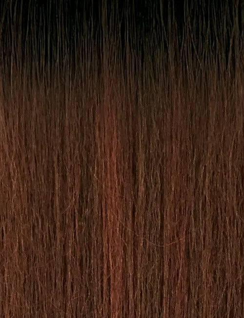 OUTRE 14 inch lace front wig synthetic straight dark brown with auburn highlights close up of hair fibers