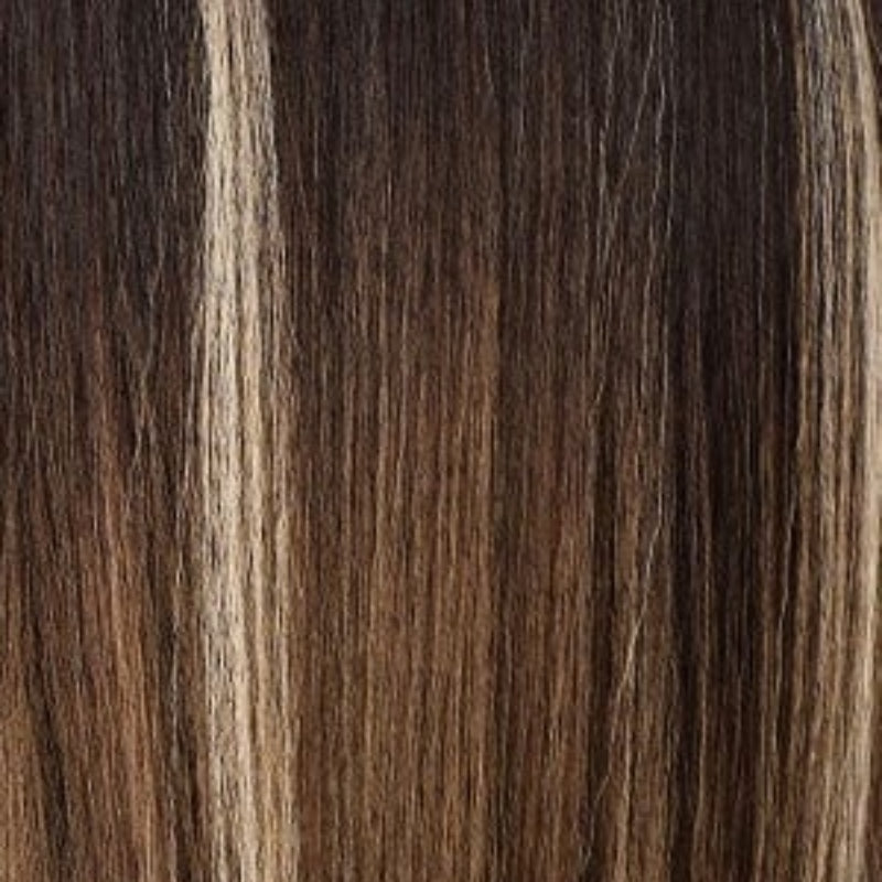 SENSATIONNEL Butta Lace Unit 14 wig straight brown strands with honey blonde highlights close up texture photo