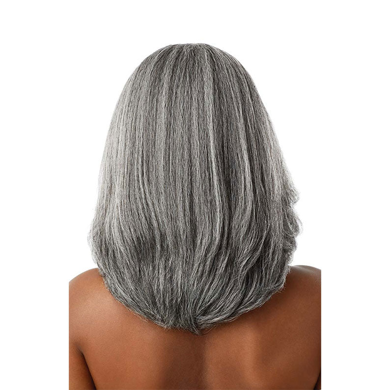 OUTRE soft natural synthetic lace front wig shoulder length salt and pepper gray back view on model