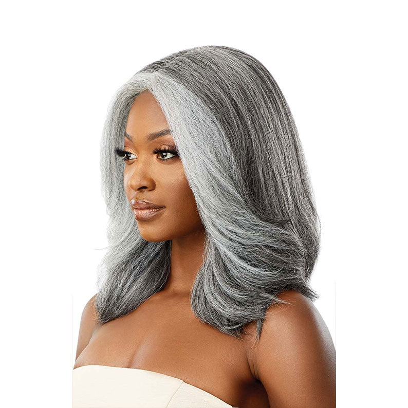 OUTRE soft natural synthetic lace front wig gray shoulder length layered style with center part on model