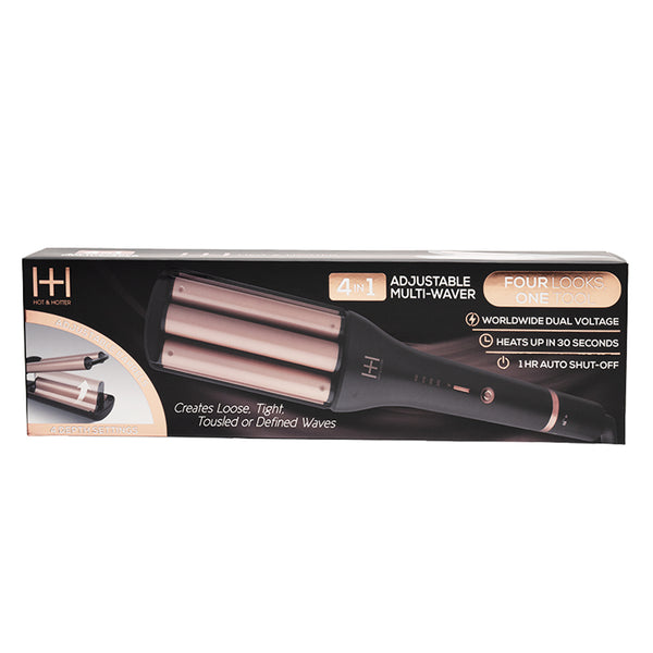 ANNIE 4-in-1 hair waver retail box showing rose gold triple barrel adjustable multi waver and features