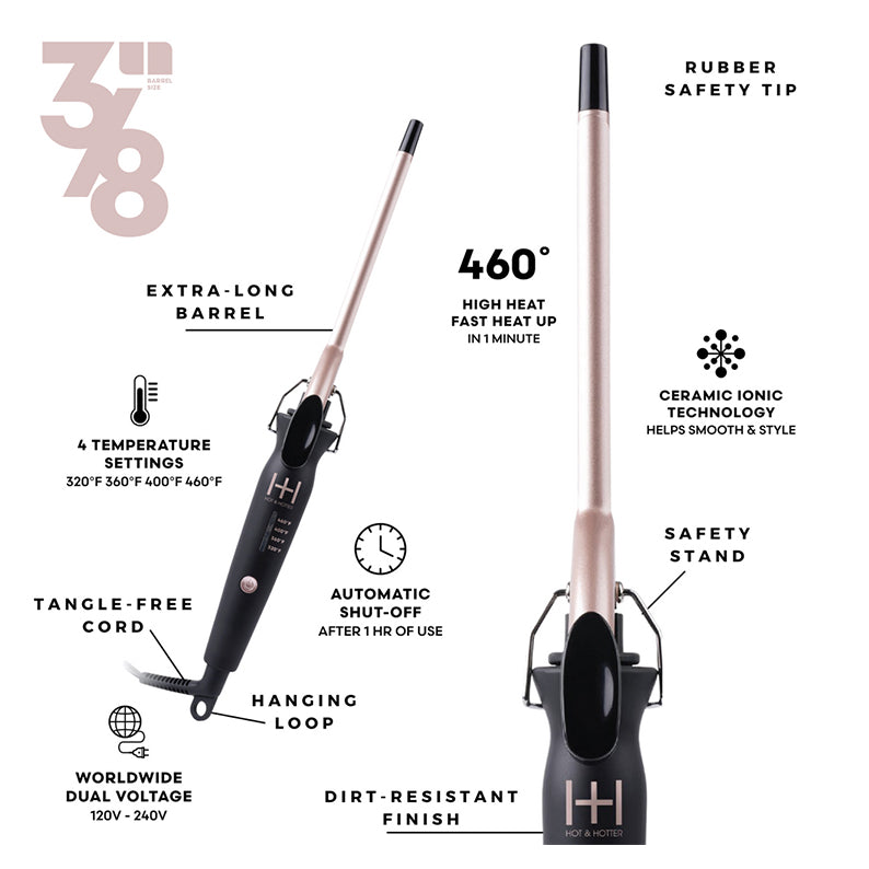 ANNIE extra long ceramic curling iron rose gold and black with safety stand rubber tip dual voltage