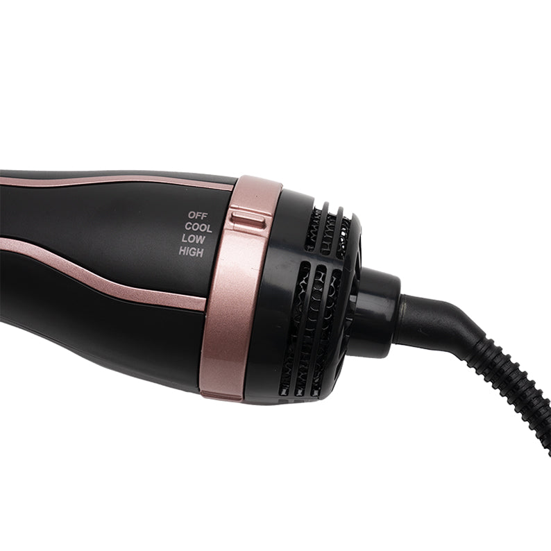 ANNIE one step hair styler and dryer black and rose gold handle showing OFF COOL LOW HIGH settings and swivel cord