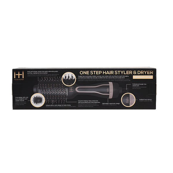 ANNIE one step hair styler and dryer in black and rose gold with oval vented brush for smoothing hair