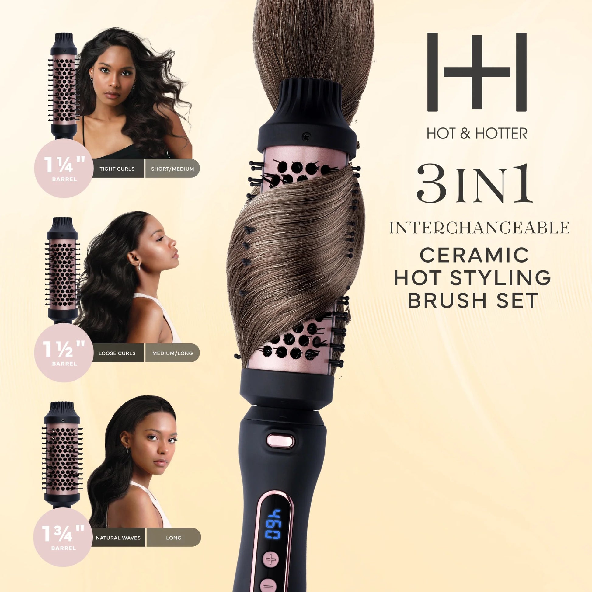ANNIE 3 in 1 ceramic hot styling brush showing three interchangeable barrels for tight curls loose curls and waves