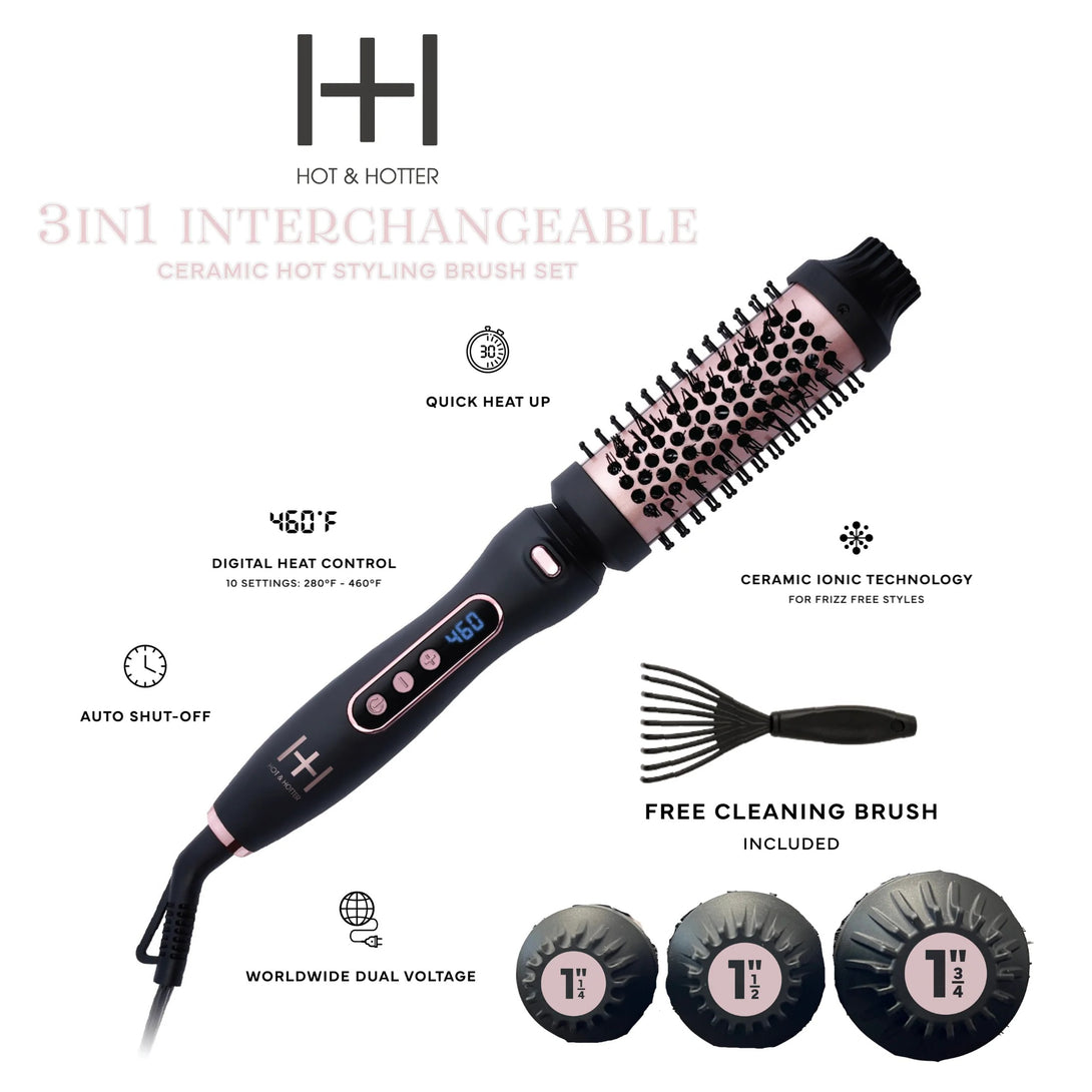 ANNIE 3 in 1 ceramic hot styling brush set rose gold with digital heat control interchangeable barrels and cleaning brush