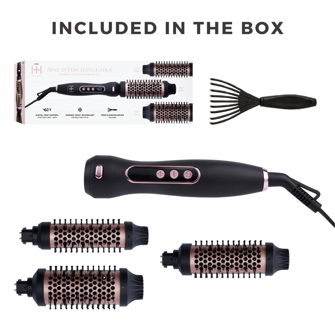 ANNIE 3 in 1 ceramic hot styling brush kit with handle four round brush attachments and detangling pick