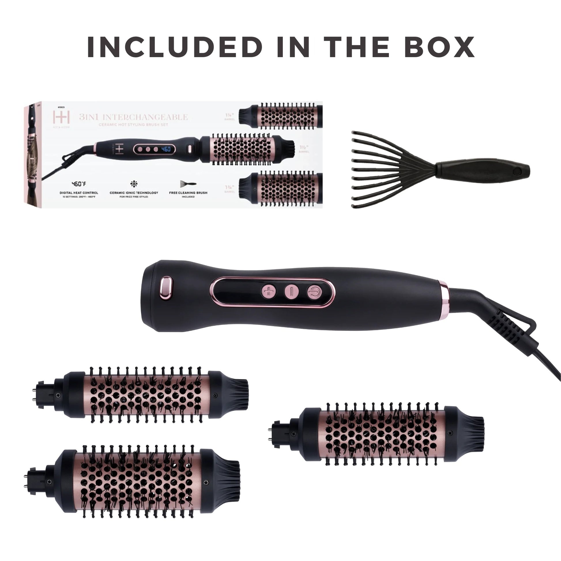 ANNIE 3 in 1 ceramic hot styling brush kit with handle four round brush attachments and detangling pick