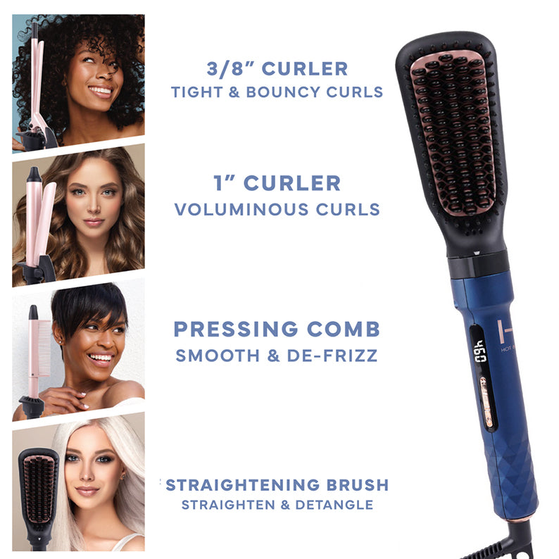 ANNIE 4-in-1 ceramic hair styler navy blue hot brush with interchangeable curlers pressing comb and straightening brush