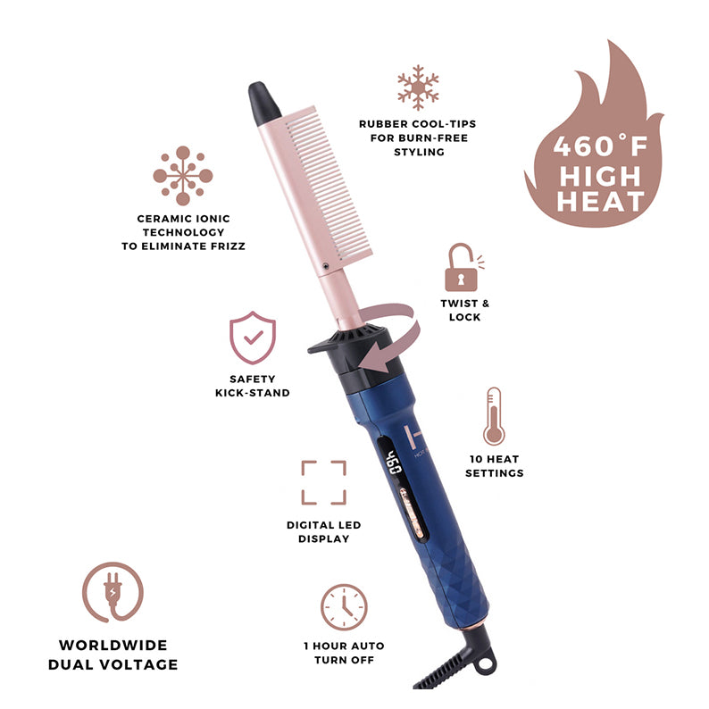 ANNIE 4-in-1 ceramic hair styler blue diamond textured handle hot tool with comb attachment digital LED display