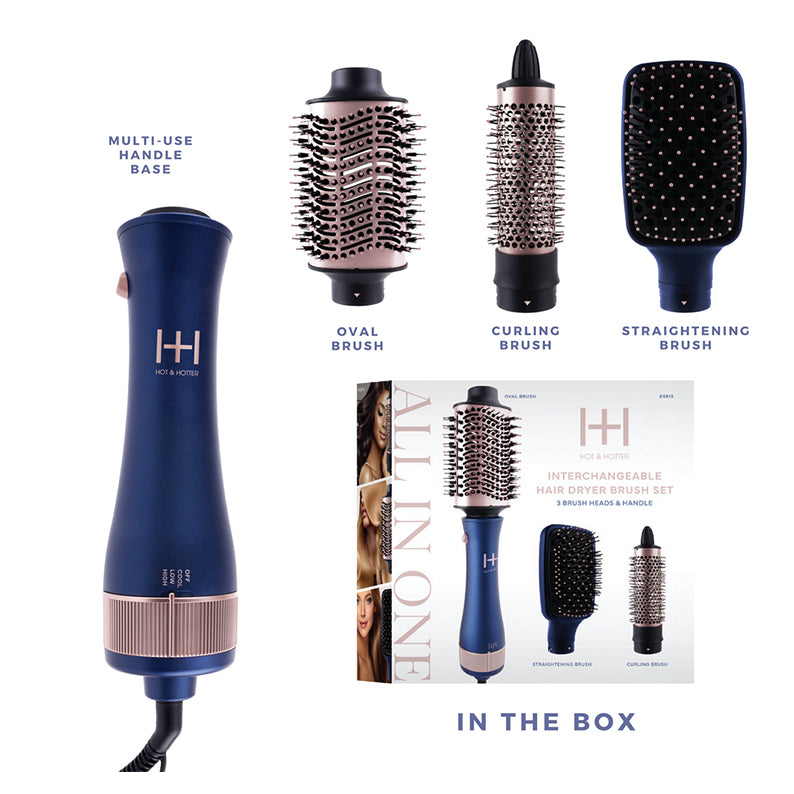 ANNIE all-in-one hair dryer brush set navy and rose gold with interchangeable oval curling and straightening heads