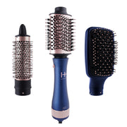 ANNIE all-in-one hair dryer brush in blue with three detachable rose gold brush heads for styling