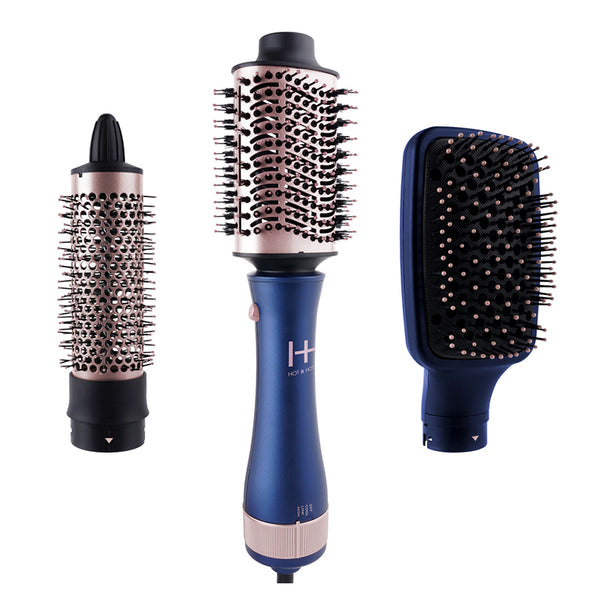 ANNIE all-in-one hair dryer brush in blue with three detachable rose gold brush heads for styling