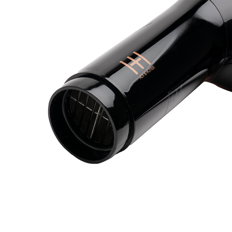 ANNIE black ceramic ionic hair dryer with concentrator nozzle close up glossy finish